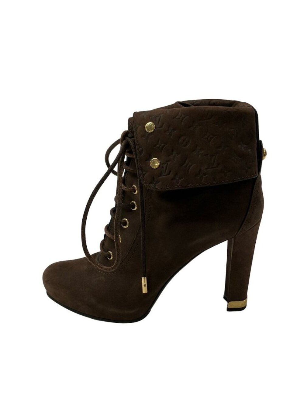Louis Vuitton Short Boots Dark Brown Lace Up Monogram Embossed 37.5